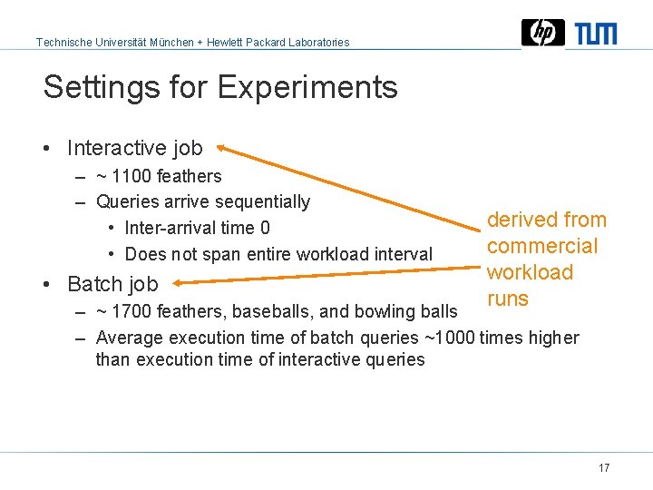 Technische Universität München + Hewlett Packard Laboratories Settings for Experiments • Interactive job –