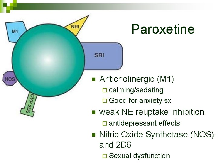 Paroxetine n Anticholinergic (M 1) ¨ calming/sedating ¨ Good n for anxiety sx weak