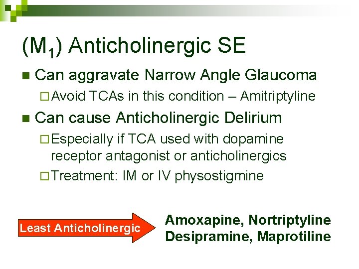 (M 1) Anticholinergic SE n Can aggravate Narrow Angle Glaucoma ¨ Avoid n TCAs