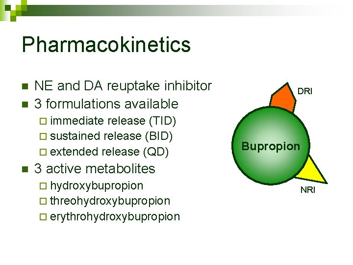 Pharmacokinetics n n NE and DA reuptake inhibitor 3 formulations available release (TID) ¨