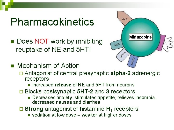 Pharmacokinetics n Does NOT work by inhibiting reuptake of NE and 5 HT! n