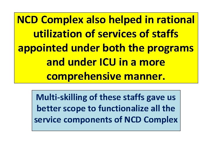 NCD Complex also helped in rational utilization of services of staffs appointed under both