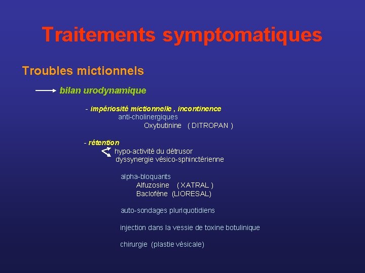 Traitements symptomatiques Troubles mictionnels bilan urodynamique - impériosité mictionnelle , incontinence anti-cholinergiques Oxybutinine (