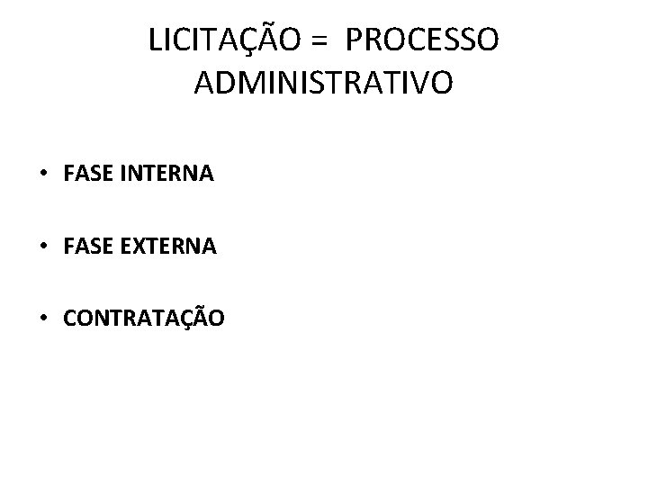 LICITAÇÃO = PROCESSO ADMINISTRATIVO • FASE INTERNA • FASE EXTERNA • CONTRATAÇÃO 