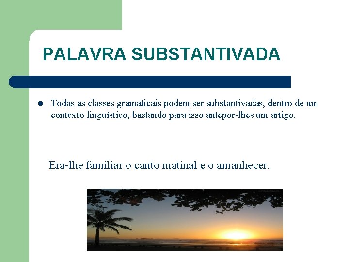 PALAVRA SUBSTANTIVADA l Todas as classes gramaticais podem ser substantivadas, dentro de um contexto