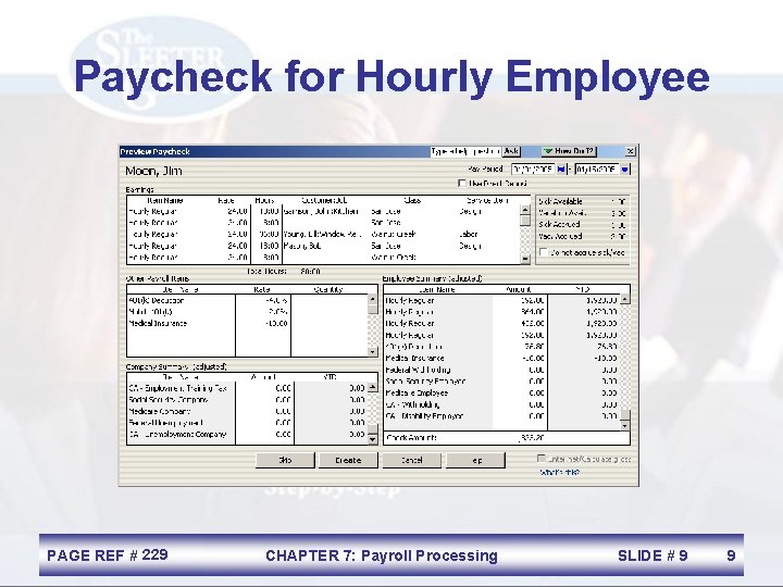 Paycheck for Hourly Employee PAGE REF # 229 CHAPTER 7: Payroll Processing SLIDE #