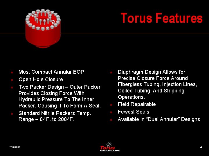 Torus Features n n Most Compact Annular BOP Open Hole Closure Two Packer Design