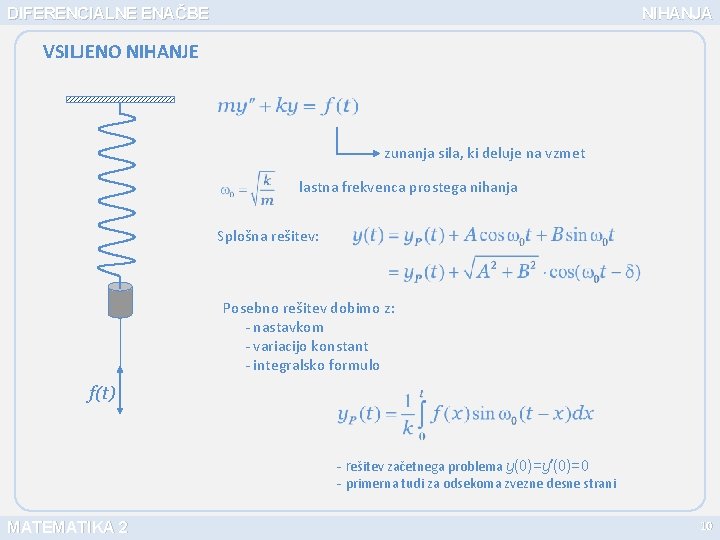 DIFERENCIALNE ENAČBE NIHANJA VSILJENO NIHANJE zunanja sila, ki deluje na vzmet lastna frekvenca prostega