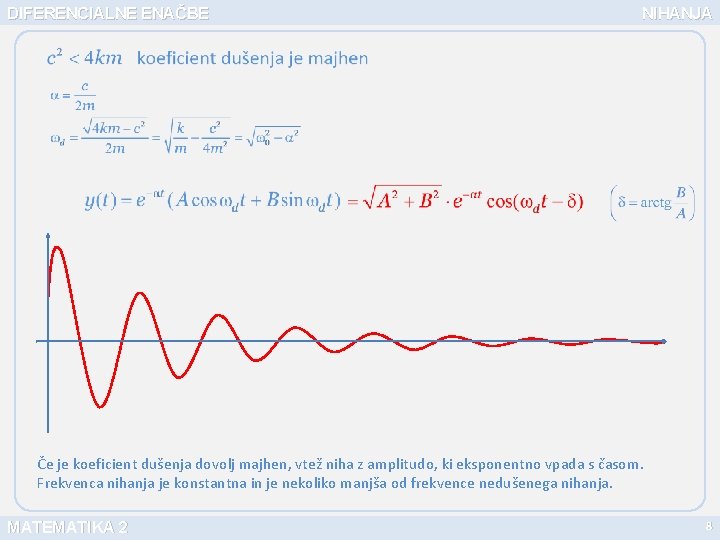 DIFERENCIALNE ENAČBE NIHANJA Če je koeficient dušenja dovolj majhen, vtež niha z amplitudo, ki