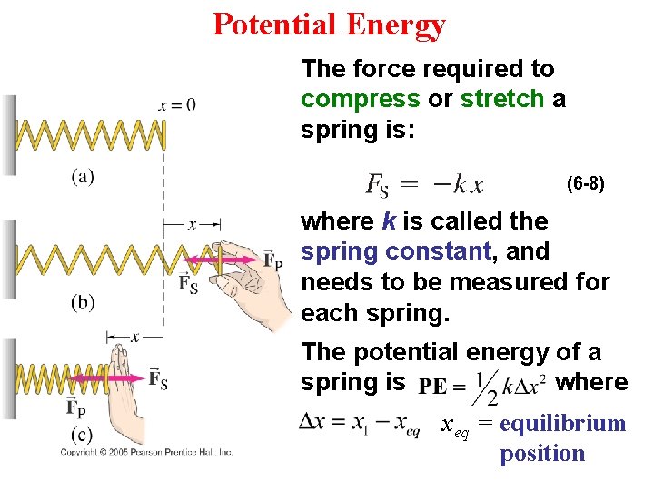 Potential Energy The force required to compress or stretch a spring is: (6 -8)