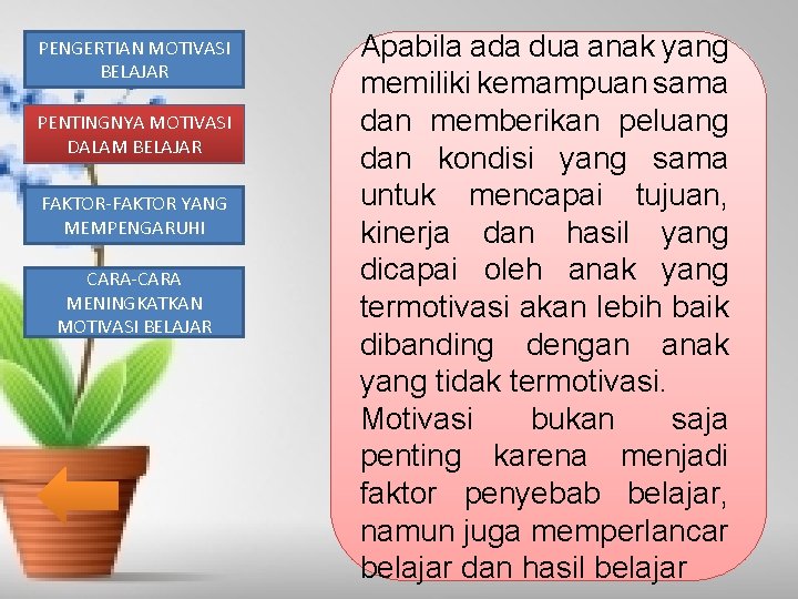 PENGERTIAN MOTIVASI BELAJAR PENTINGNYA PENTIGNYA MOTIVASI DALAM BELAJAR FAKTOR-FAKTOR YANG MEMPENGARUHI CARA-CARA MENINGKATKAN MOTIVASI