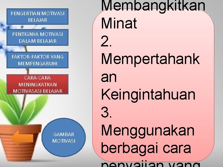 PENGERTIAN MOTIVASI BELAJAR PENTIGNYA MOTIVASI DALAM BELAJAR FAKTOR-FAKTOR YANG MEMPENGARUHI CARA-CARA MENINGKATKAN MOTIVASASI MOTIVASI