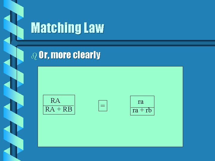 Matching Law b Or, more clearly RA RA + RB = ra ra +