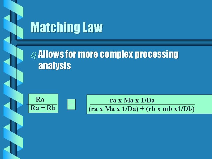 Matching Law b Allows for more complex processing analysis Ra Ra + Rb =