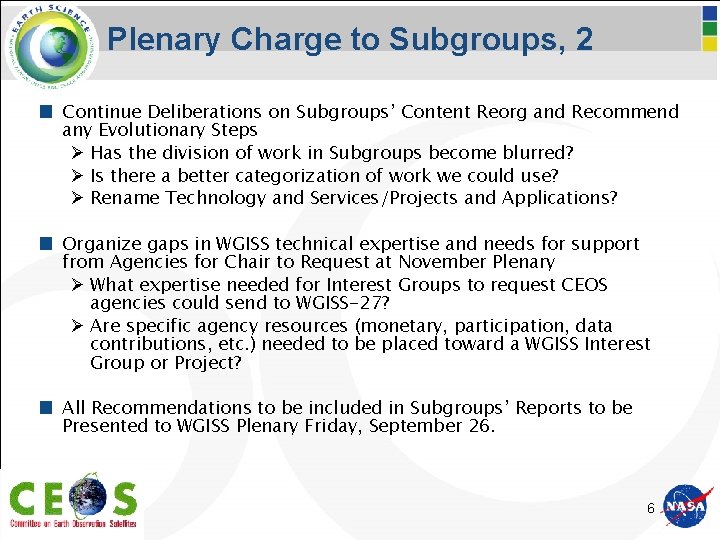 Plenary Charge to Subgroups, 2 Continue Deliberations on Subgroups’ Content Reorg and Recommend any