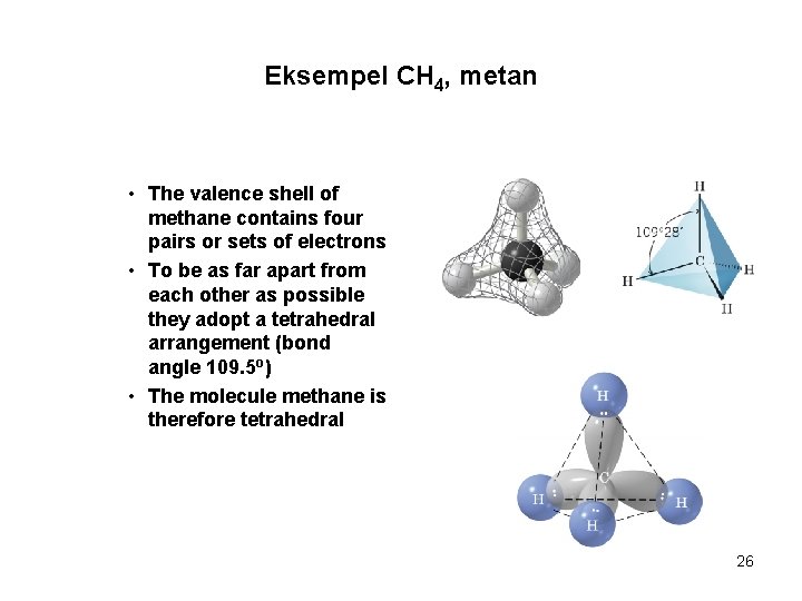 Eksempel CH 4, metan • The valence shell of methane contains four pairs or