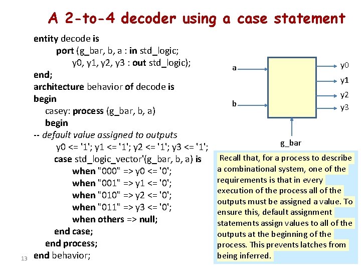 A 2 -to-4 decoder using a case statement 13 entity decode is port (g_bar, A 2 -to-4 decoder using a case statement 13 entity decode is port (g_bar,