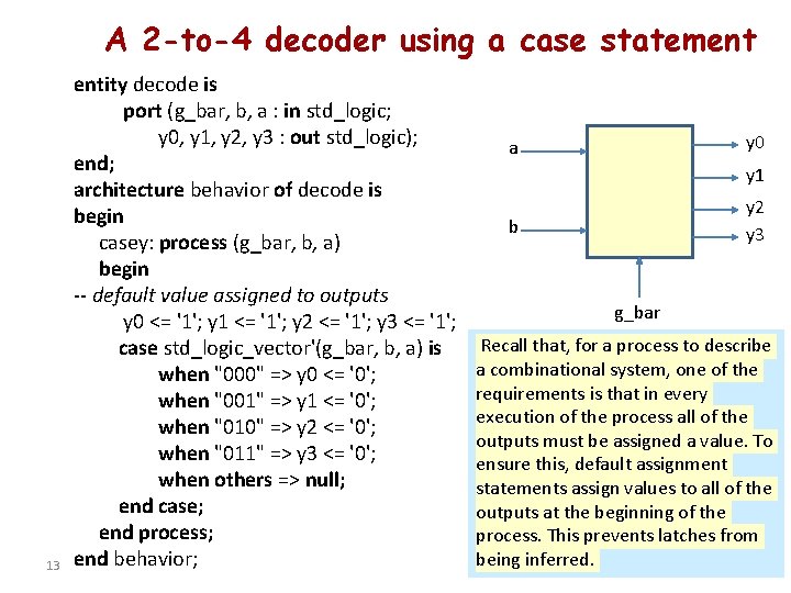 A 2 -to-4 decoder using a case statement 13 entity decode is port (g_bar,