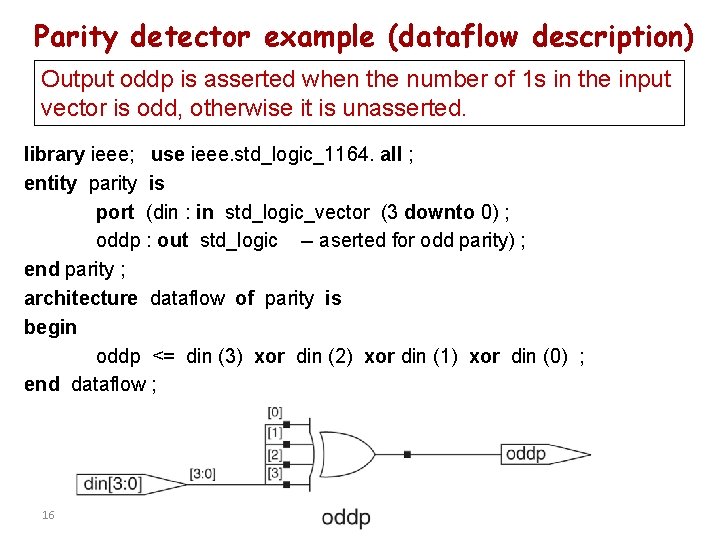 Parity detector example (dataflow description) Output oddp is asserted when the number of 1 Parity detector example (dataflow description) Output oddp is asserted when the number of 1