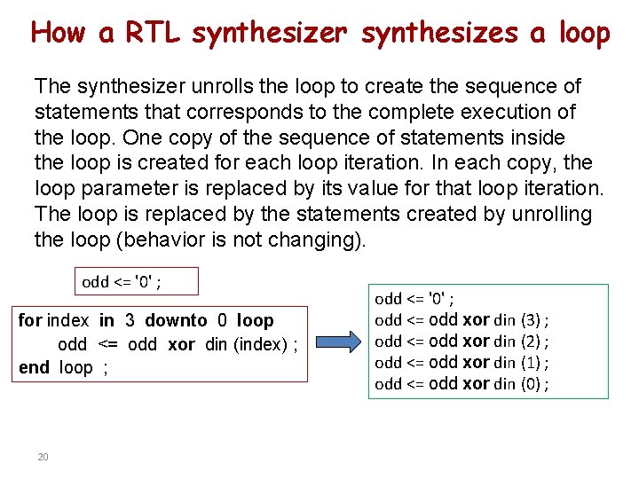 How a RTL synthesizer synthesizes a loop The synthesizer unrolls the loop to create How a RTL synthesizer synthesizes a loop The synthesizer unrolls the loop to create