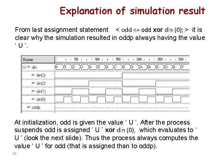 Explanation of simulation result From last assignment statement < odd <= odd xor din Explanation of simulation result From last assignment statement < odd <= odd xor din