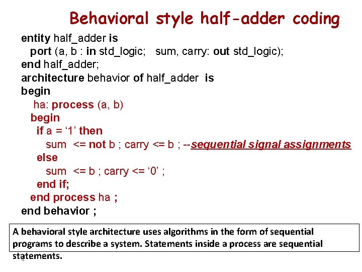 Behavioral style half-adder coding entity half_adder is port (a, b : in std_logic; sum,