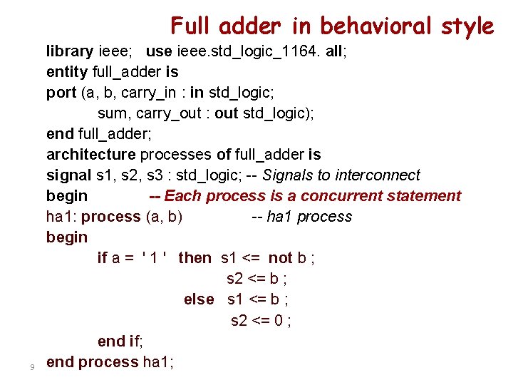 Full adder in behavioral style 9 library ieee; use ieee. std_logic_1164. all; entity full_adder