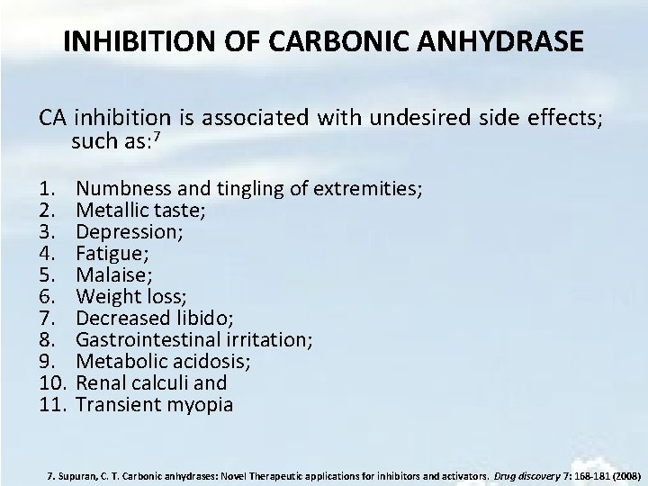 INHIBITION OF CARBONIC ANHYDRASE CA inhibition is associated with undesired side effects; such as: