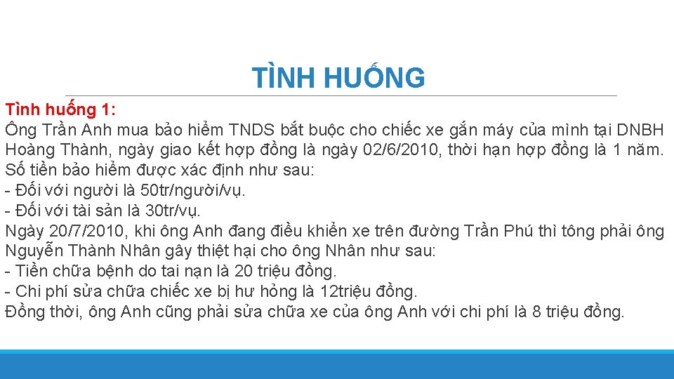 TÌNH HUỐNG Tình huống 1: Ông Trần Anh mua bảo hiểm TNDS bắt buộc