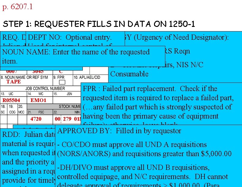 p. 6207. 1 STEP 1: REQUESTER FILLS IN DATA ON 1250 -1 REQ. DATE: