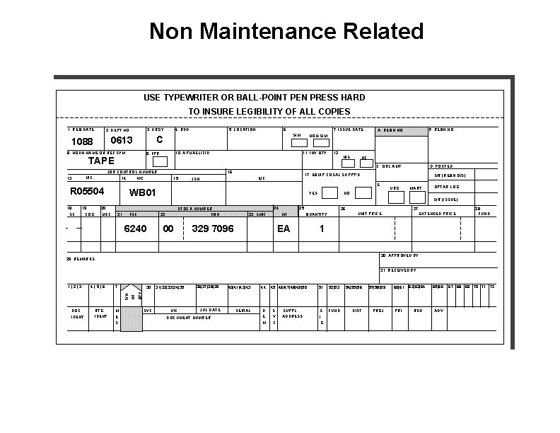 Non Maintenance Related USE TYPEWRITER OR BALL-POINT PEN PRESS HARD TO INSURE LEGIBILITY OF