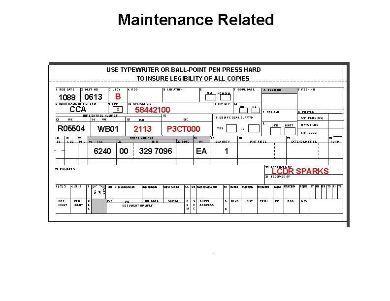 Maintenance Related USE TYPEWRITER OR BALL-POINT PEN PRESS HARD TO INSURE LEGIBILITY OF ALL