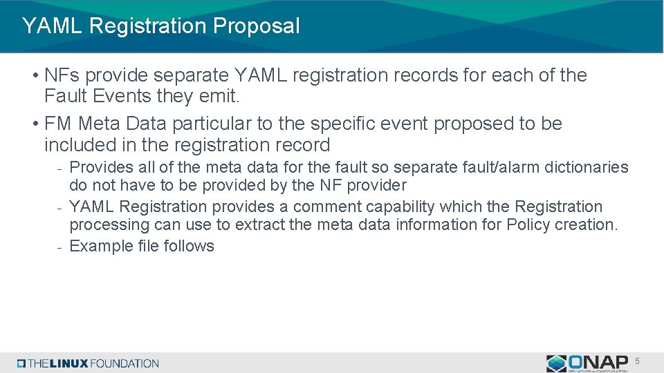 YAML Registration Proposal • NFs provide separate YAML registration records for each of the