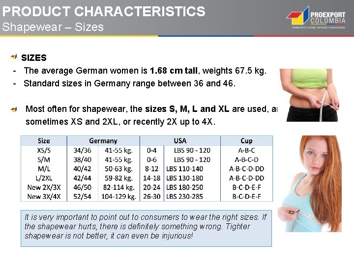 PRODUCT CHARACTERISTICS Shapewear – Sizes SIZES - The average German women is 1. 68