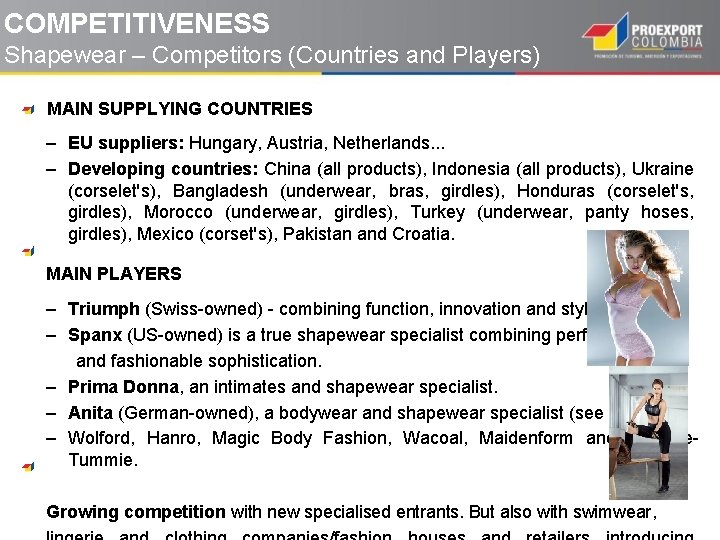 COMPETITIVENESS Shapewear – Competitors (Countries and Players) MAIN SUPPLYING COUNTRIES – EU suppliers: Hungary,