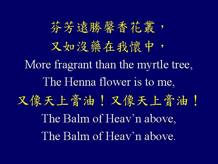 芬芳遠勝馨香花叢， 又如沒藥在我懷中， More fragrant than the myrtle tree, The Henna flower is to me,