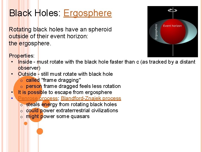 Black Holes: Ergosphere Rotating black holes have an spheroid outside of their event horizon: