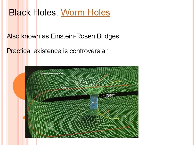 Black Holes: Worm Holes Also known as Einstein-Rosen Bridges Practical existence is controversial: 