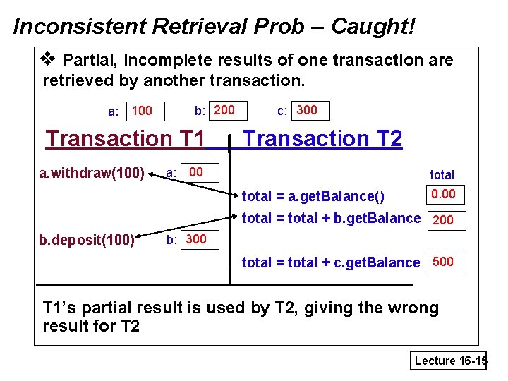 Inconsistent Retrieval Prob – Caught! v Partial, incomplete results of one transaction are retrieved