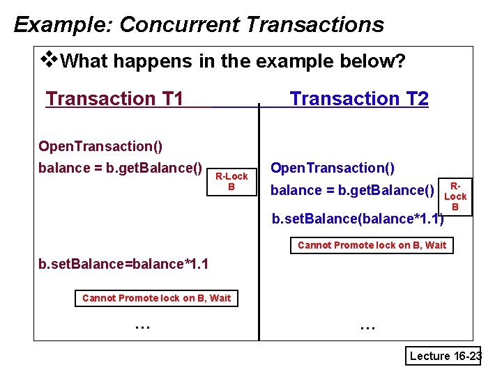 Example: Concurrent Transactions v. What happens in the example below? Transaction T 1 Transaction
