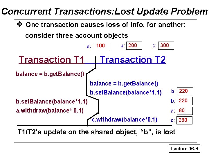 Concurrent Transactions: Lost Update Problem v One transaction causes loss of info. for another: