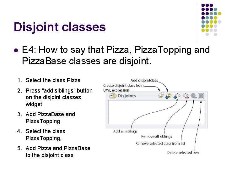 Disjoint classes l E 4: How to say that Pizza, Pizza. Topping and Pizza.