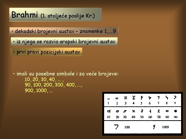 Brahmi (1. stoljeće poslije Kr. ) • dekadski brojevni sustav – znamenke 1, ….