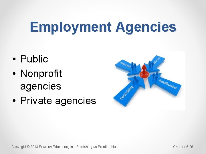 Employment Agencies • Public • Nonprofit agencies • Private agencies Copyright © 2013 Pearson