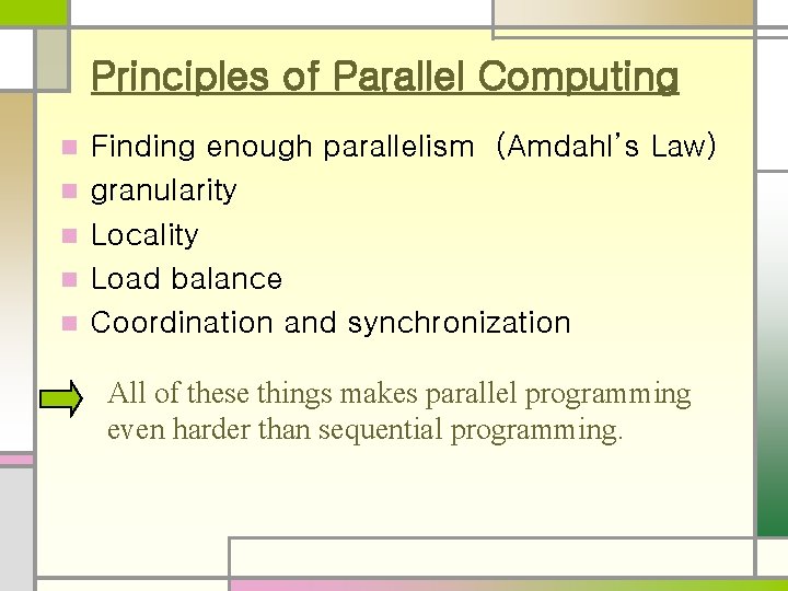 Principles of Parallel Computing n n n Finding enough parallelism (Amdahl’s Law) granularity Locality Principles of Parallel Computing n n n Finding enough parallelism (Amdahl’s Law) granularity Locality