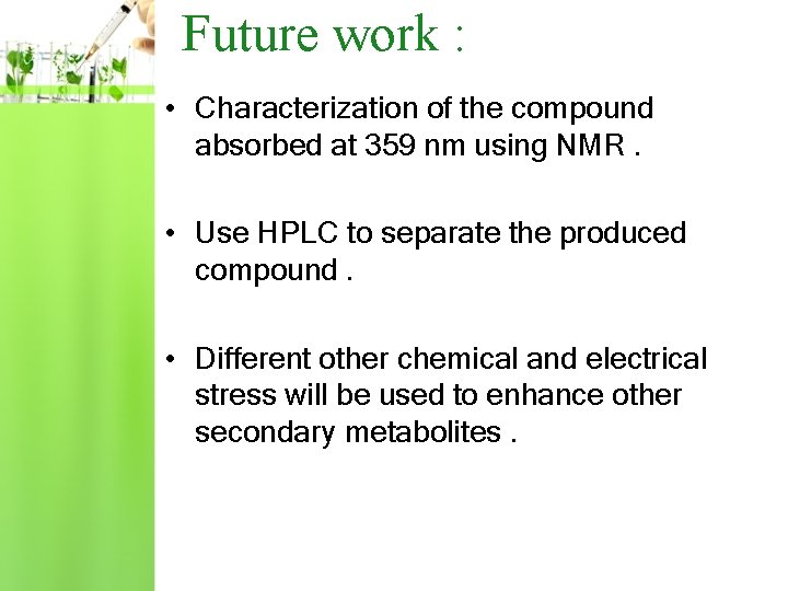 Future work : • Characterization of the compound absorbed at 359 nm using NMR.