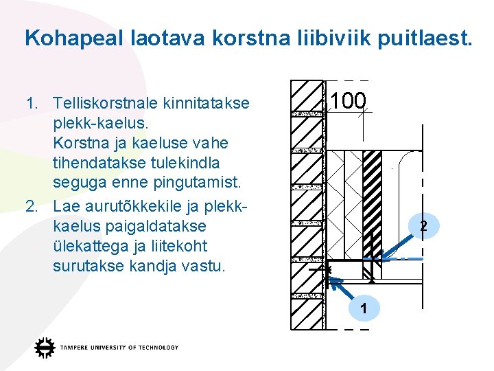 Kohapeal laotava korstna liibiviik puitlaest. 1. Telliskorstnale kinnitatakse plekk-kaelus. Korstna ja kaeluse vahe tihendatakse