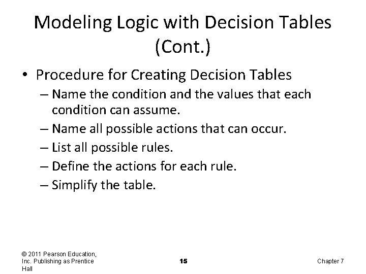Modeling Logic with Decision Tables (Cont. ) • Procedure for Creating Decision Tables –