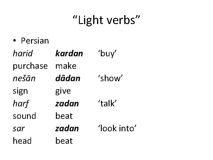 “Light verbs” • Persian harid purchase nešān sign harf sound sar head kardan make