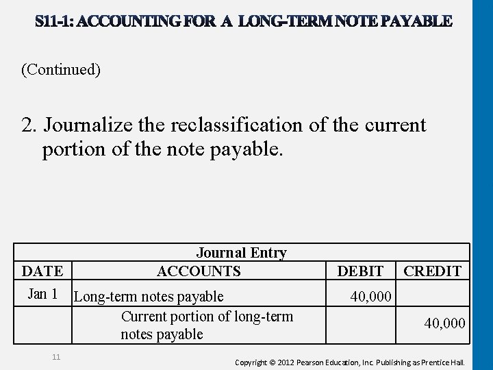 (Continued) 2. Journalize the reclassification of the current portion of the note payable. DATE